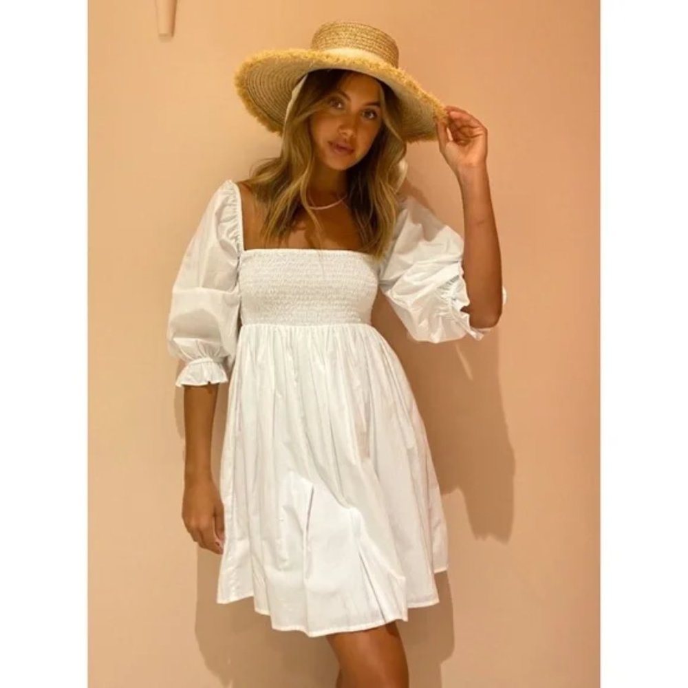 NWT Faithfull The Brand Arles Square Neck Puff Sleeve Mini Dress White Small - Picture 2 of 11